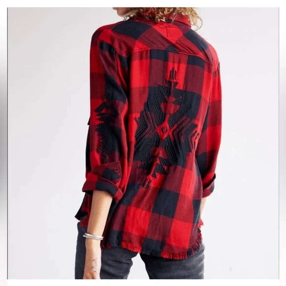 RAILS Larsson Embroidered button down in crimson jet. Tribal. Buffalo check. EUC - Picture 1 of 13